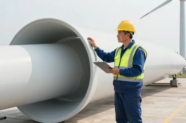 A technician in safety gear examines a large wind turbine blade on a concrete staging yard holding a clipboard