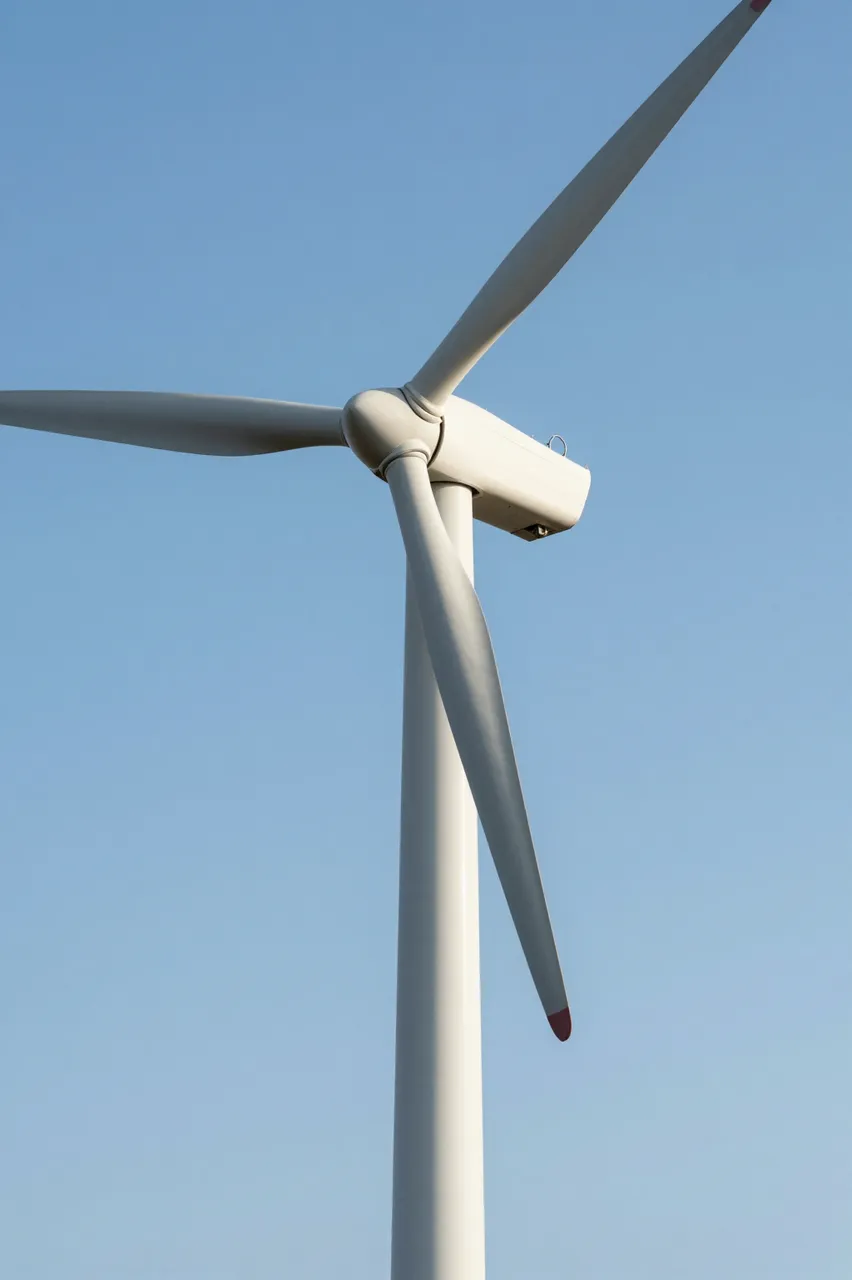 Low angle view of a white wind turbine with red blade tips against a clear cloudless blue sky