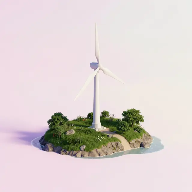 A 3D rendered white wind turbine stands on a tiny grassy island against a soft pastel pink background