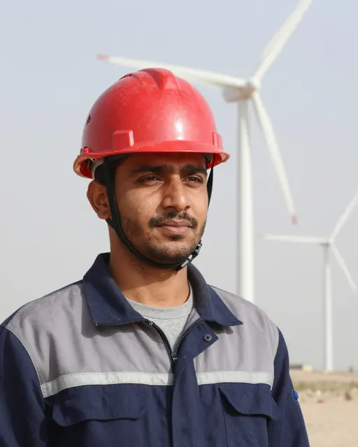 Middle Eastern technician in a red hard hat stands at a wind farm with turbines in the background