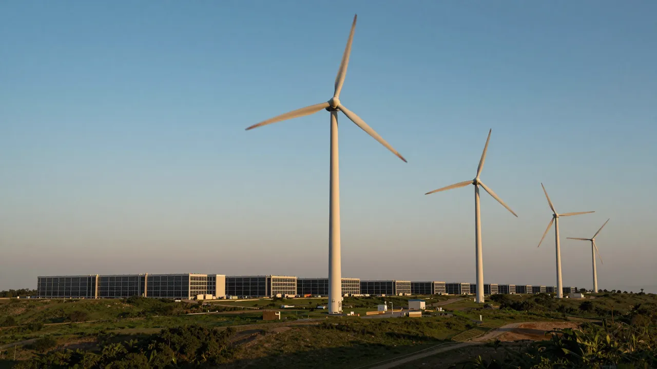Row of wind turbines stands on a grassy ridge above a low modern data center at sunset