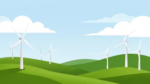 Flat vector illustration of wind turbines standing on rolling green hills beneath a pale blue sky with soft white clouds