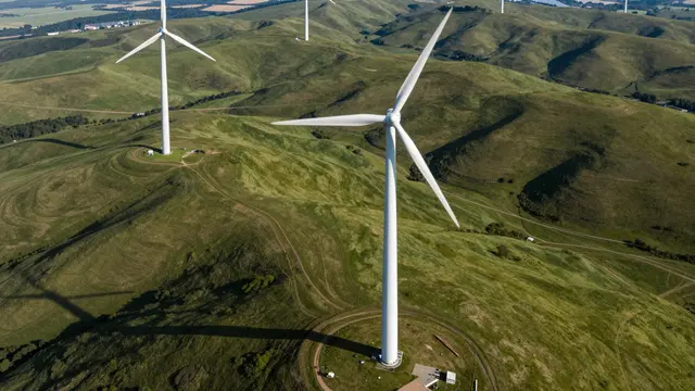 Aerial view of white wind turbines standing on sunlit rolling green pasture with long distinct shadows