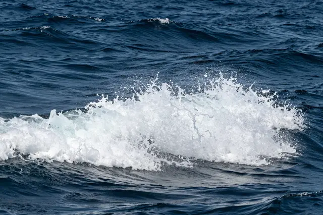 Bright white foam and spray cresting on a deep dark blue choppy open sea