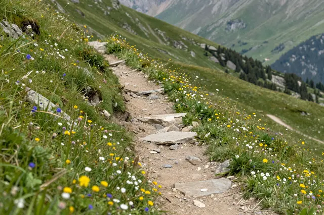 A rocky dirt hiking trail winds through a mountain high pass lined with colorful wildflowers