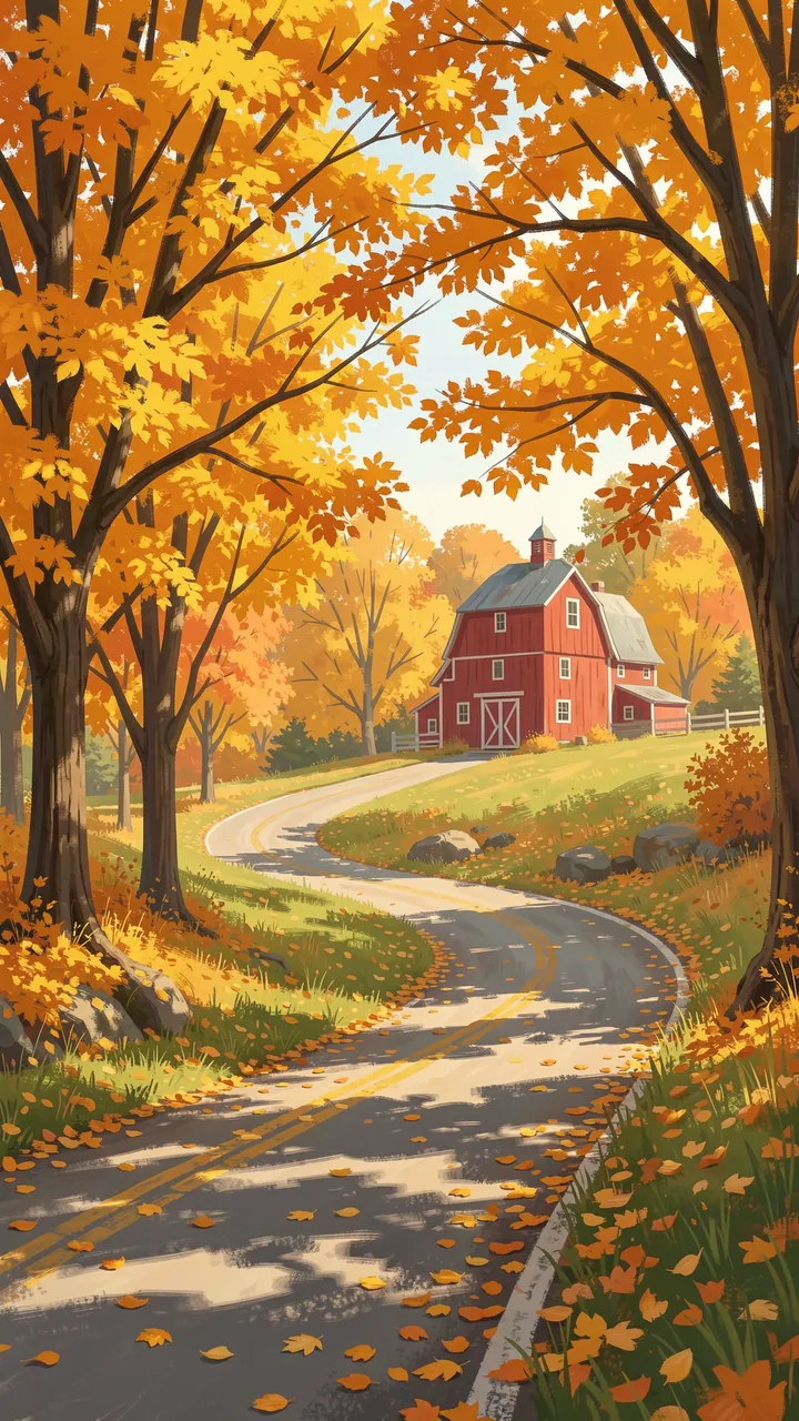 A winding paved rural road leads through golden maple trees to a red barn in fall