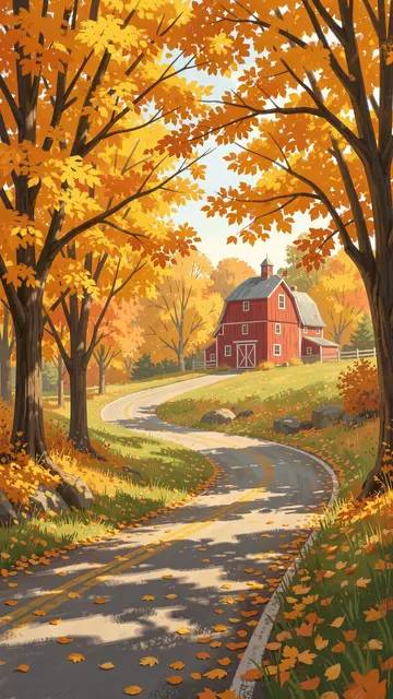 A winding paved rural road leads through golden maple trees to a red barn in fall