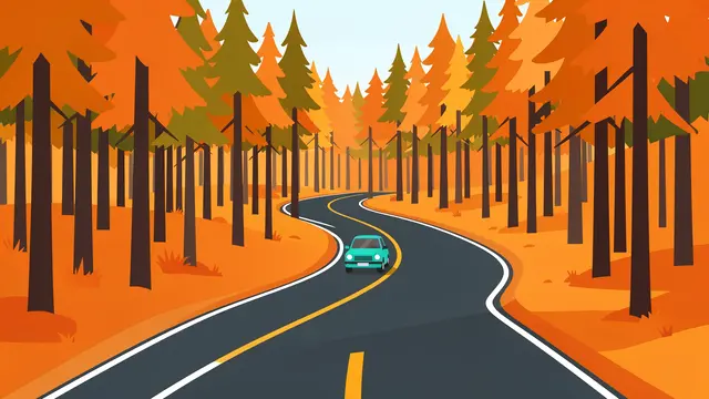 A turquoise car travels on a winding paved road through a vibrant autumn pine forest