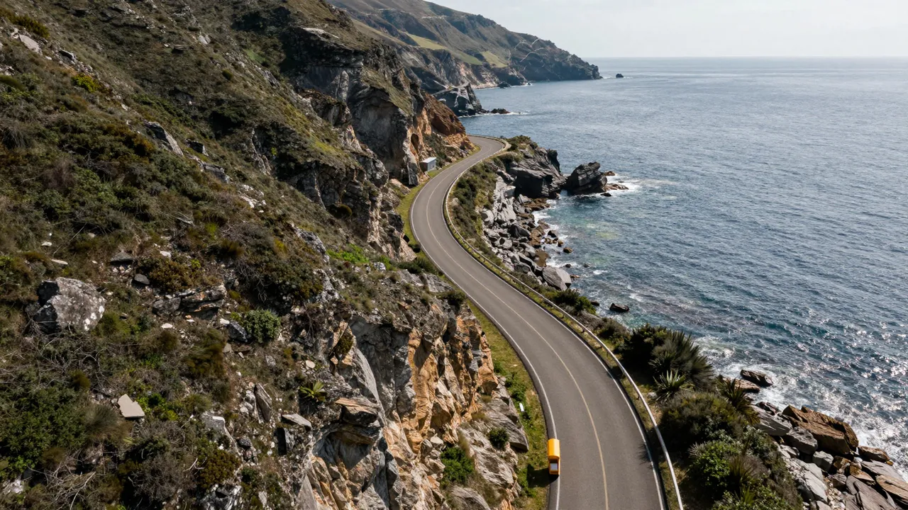 Aerial view of a winding paved coastal road hugging rocky sea cliffs above a blue ocean