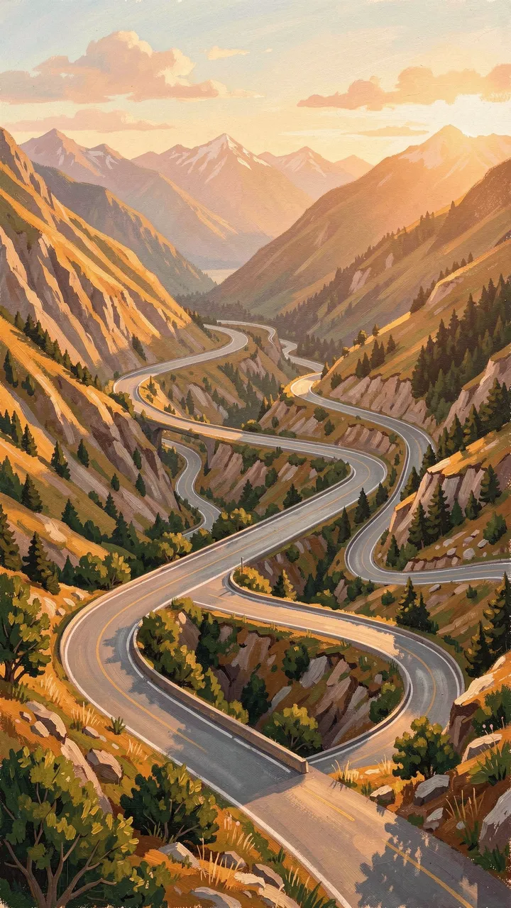 Gouache illustration of a winding hairpin mountain road through a sunlit alpine valley at golden hour
