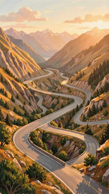 Gouache illustration of a winding hairpin mountain road through a sunlit alpine valley at golden hour