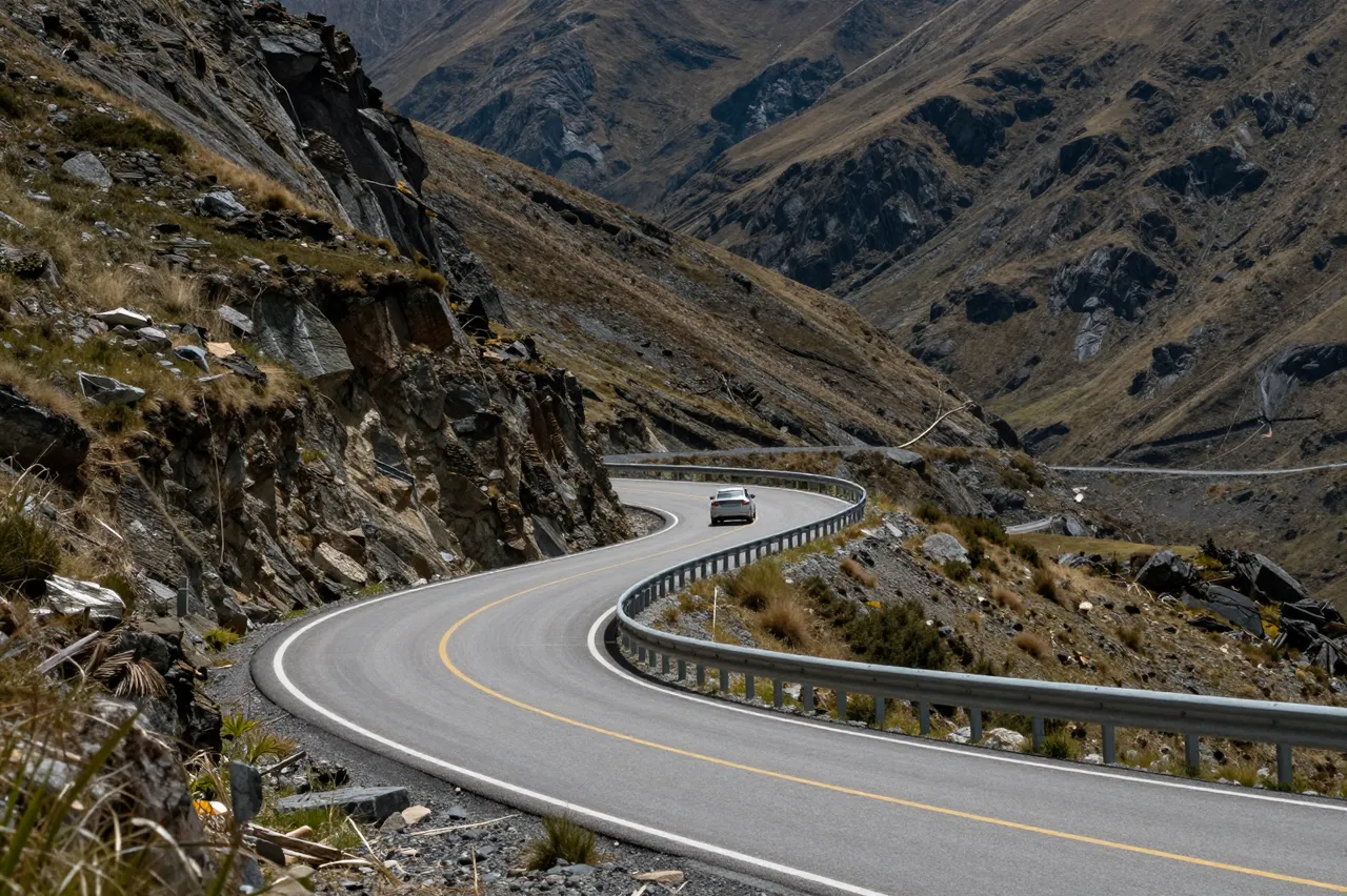 A winding paved mountain road curves through rocky alpine terrain with a single car traveling far in the distance.