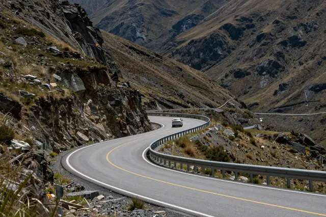 A winding paved mountain road curves through rocky alpine terrain with a single car traveling far in the distance.
