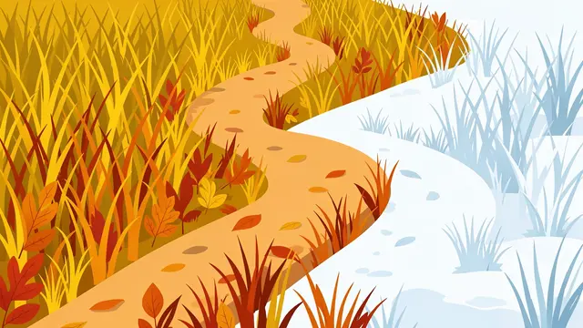 A winding illustrated path shifts from warm autumn vegetation to cool snowy winter ground
