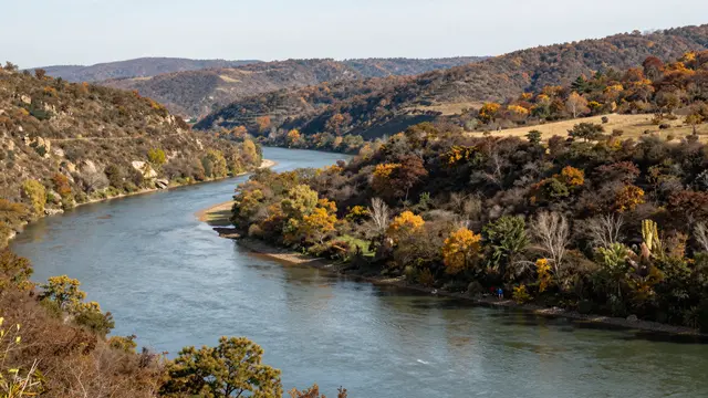 A wide winding river flows through rolling hills covered in colorful autumn foliage under a pale sky