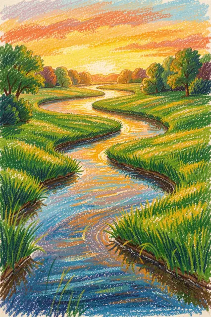 Oil pastel drawing of a winding river through green meadows under warm golden hour sky