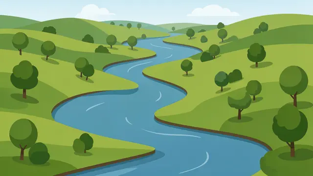 Flat vector illustration of a winding blue river cutting through rolling green hills dotted with round trees under a pale sky