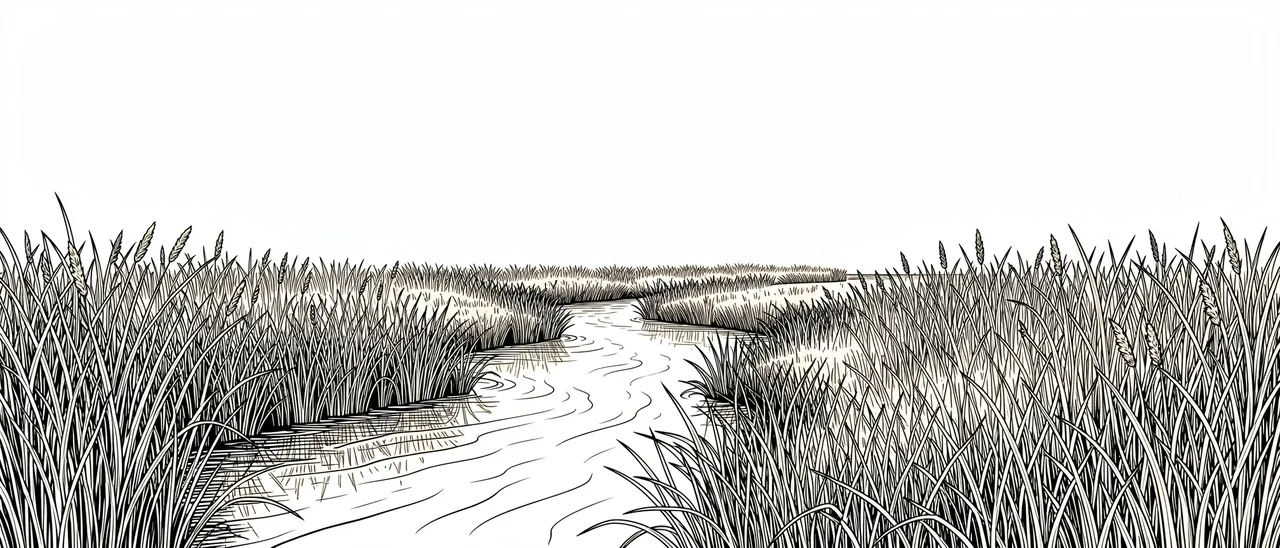 Black line art illustration of a winding river flanked by tall reeds with empty warm white space above