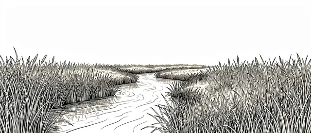 Black line art illustration of a winding river flanked by tall reeds with empty warm white space above