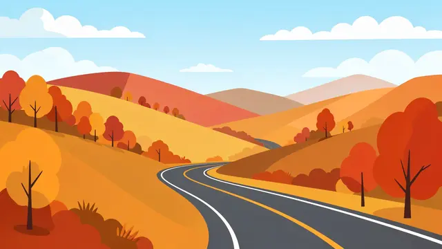 Flat wide illustration of a winding asphalt road curving through rolling autumn hills under a light blue sky