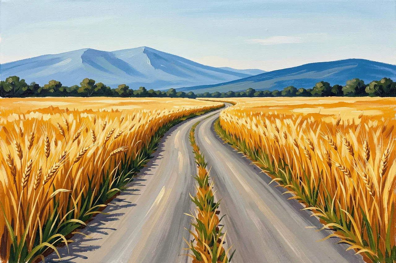 Acrylic painting of a winding dirt road cutting through golden wheat fields toward distant blue mountains