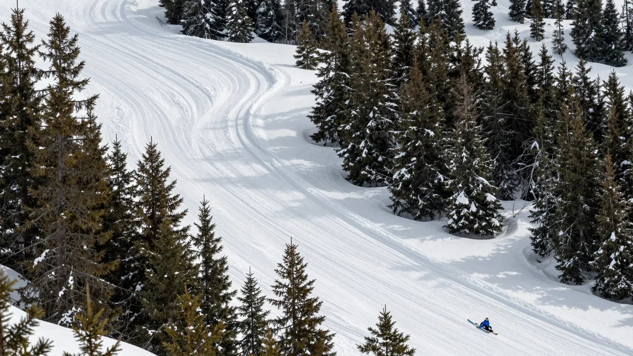Aerial view of a groomed winding snowy ski run flanked by snow-covered pine trees with a skier descending