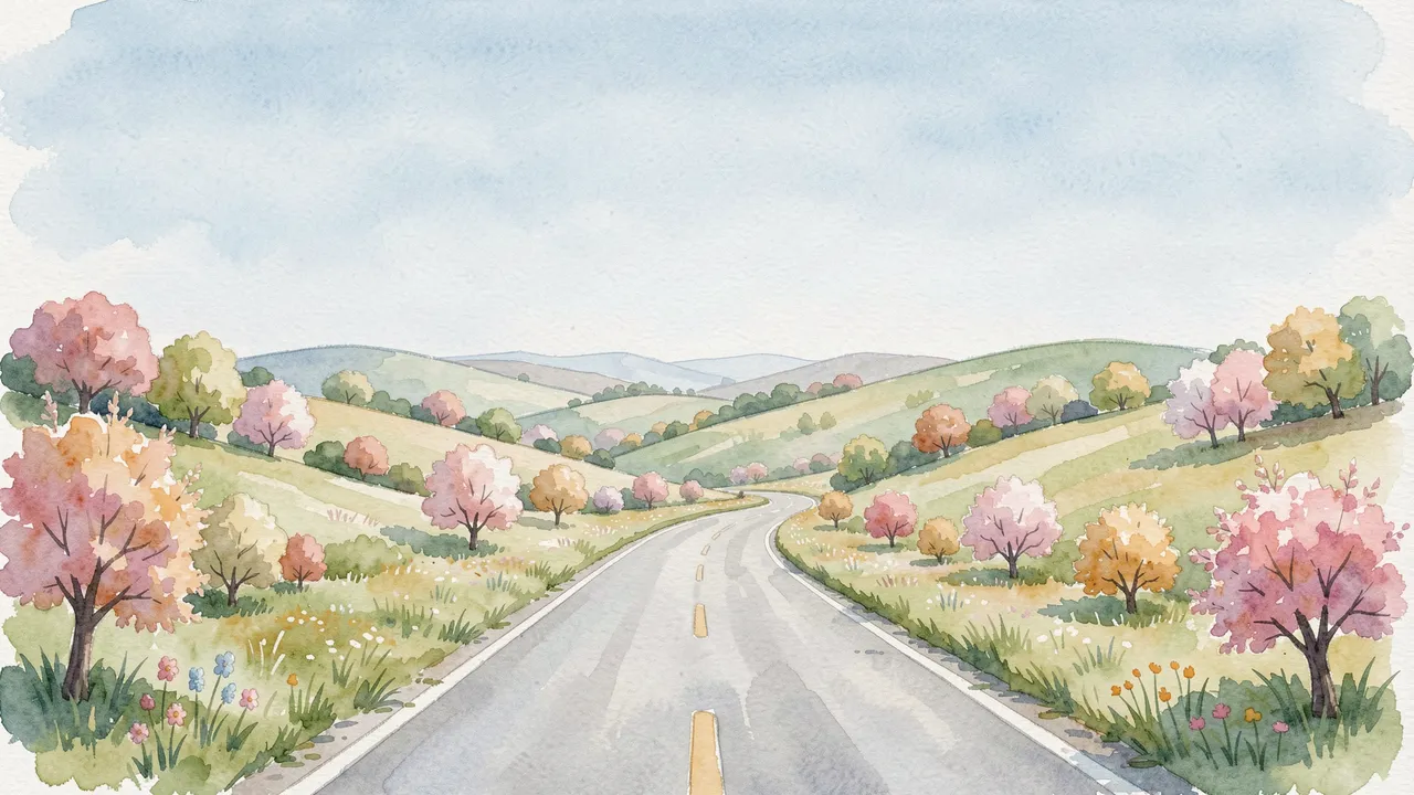 Watercolor illustration of a winding country road cutting through rolling spring hills under a soft pale empty sky
