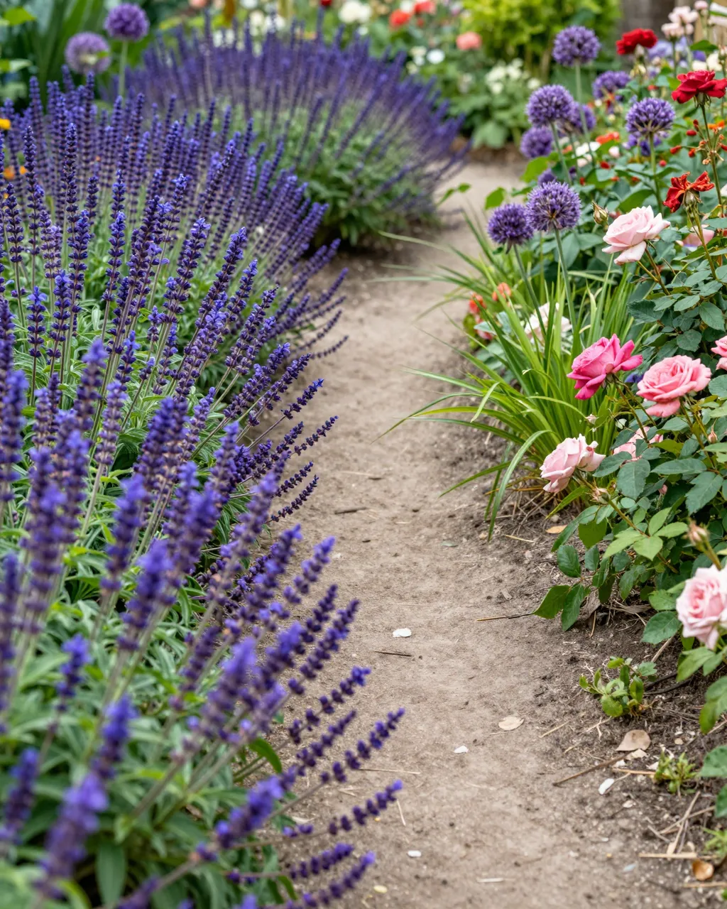 A narrow dirt path winds between lush garden borders of purple salvia, alliums and blooming roses.