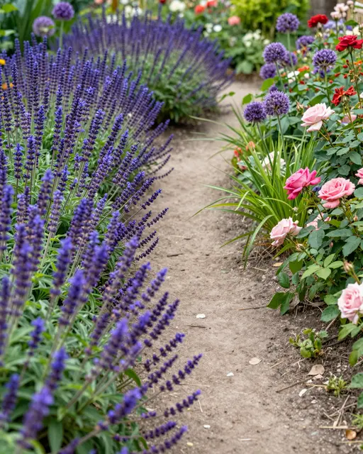 A narrow dirt path winds between lush garden borders of purple salvia, alliums and blooming roses.