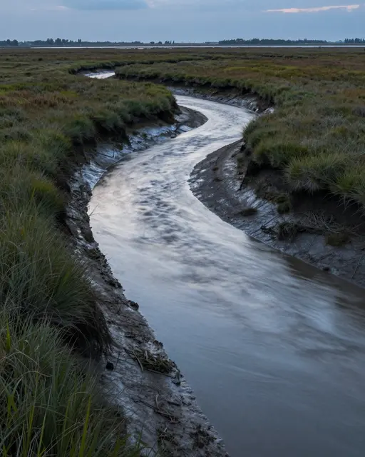 Long exposure of a meandering tidal creek cutting through a grassy salt marsh at blue hour