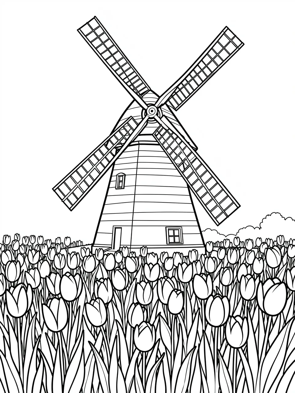 Black and white bold line art of a traditional windmill standing in a field of spring tulips against a plain white background