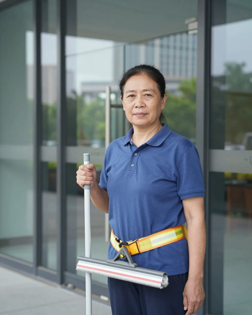 Mature female window cleaner stands holding a squeegee outside a glass office building entrance.