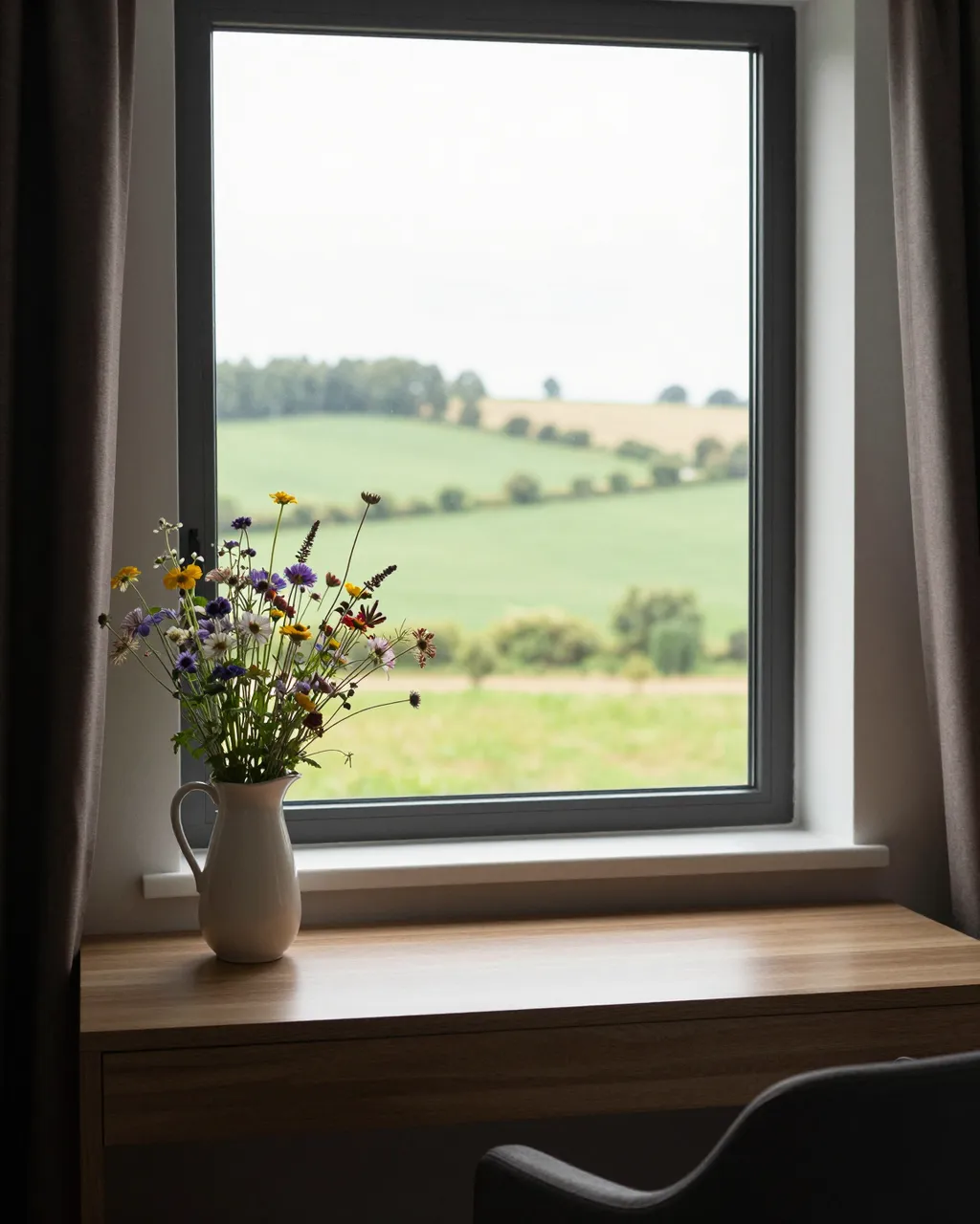 A ceramic jug of wildflowers sits on a wooden desk beside a window overlooking rolling summer farmland.