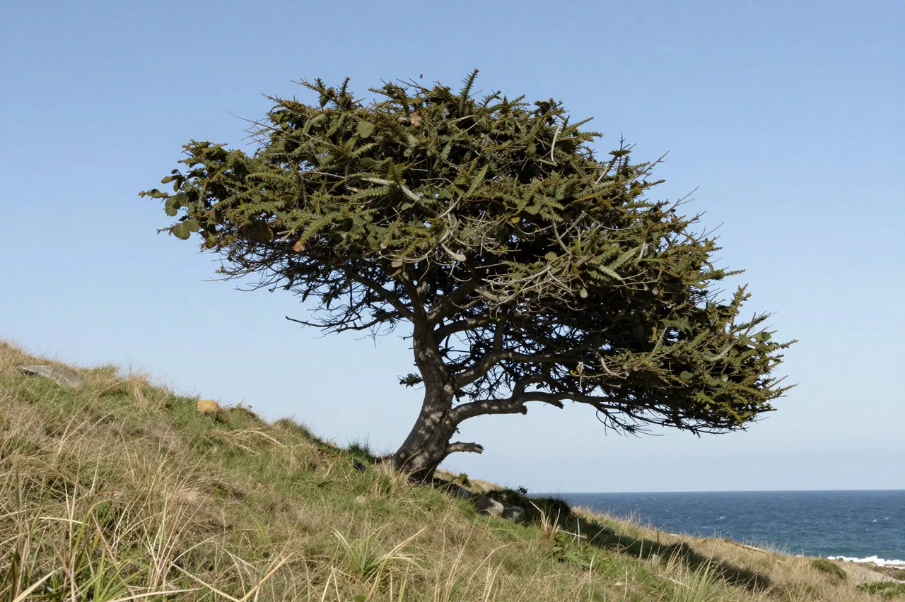 A bent windswept evergreen tree grows on a grassy coastal hill above the ocean under a clear blue sky