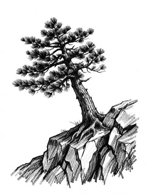 Charcoal sketch of a windswept pine tree clinging to a jagged rocky ledge on white paper