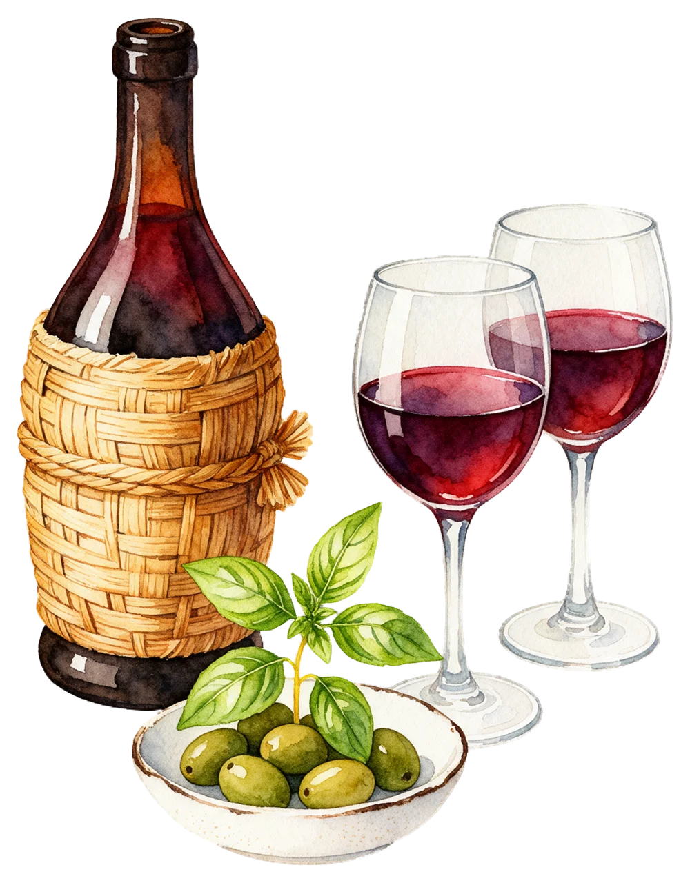 Watercolor still life of a straw-wrapped wine bottle, two red wine glasses, and olives with basil in a small dish