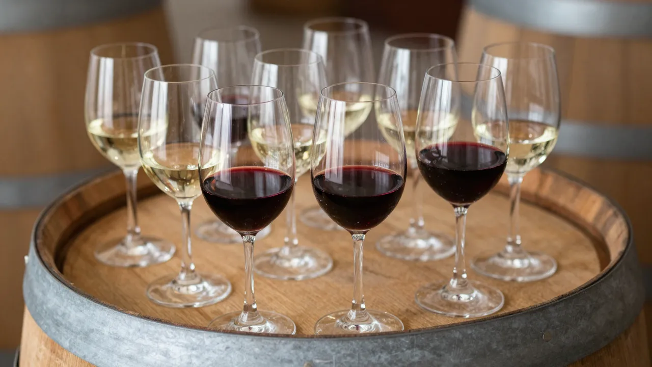 Multiple red and white wine tasting glasses arranged on the top of an oak wine barrel in a cellar setting