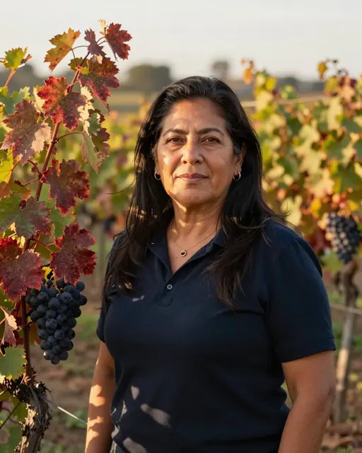 Latina woman in her forties stands among grapevines at golden hour during harvest season