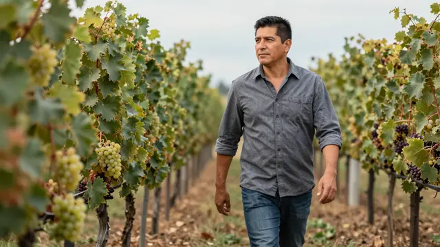 Middle aged Latino winery owner walks between ripe grapevine rows during harvest season