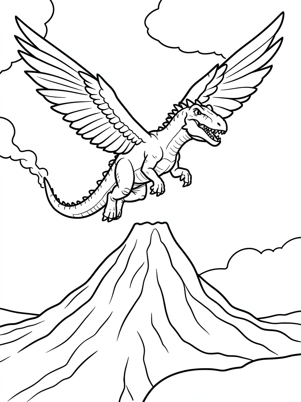 Black and white line art coloring page showing a winged reptilian dinosaur flying above a conical volcano with scattered