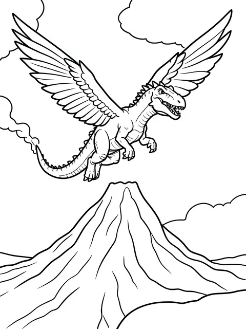 Black and white line art coloring page showing a winged reptilian dinosaur flying above a conical volcano with scattered
