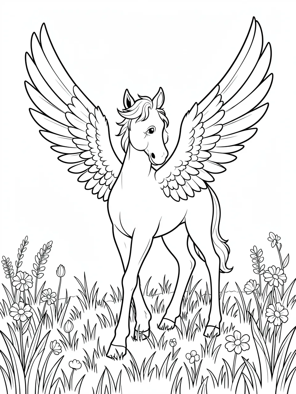 Black and white line art of a winged pegasus foal with spread wings standing in a flowered meadow