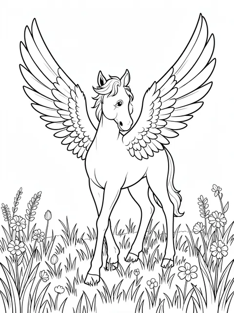 Black and white line art of a winged pegasus foal with spread wings standing in a flowered meadow