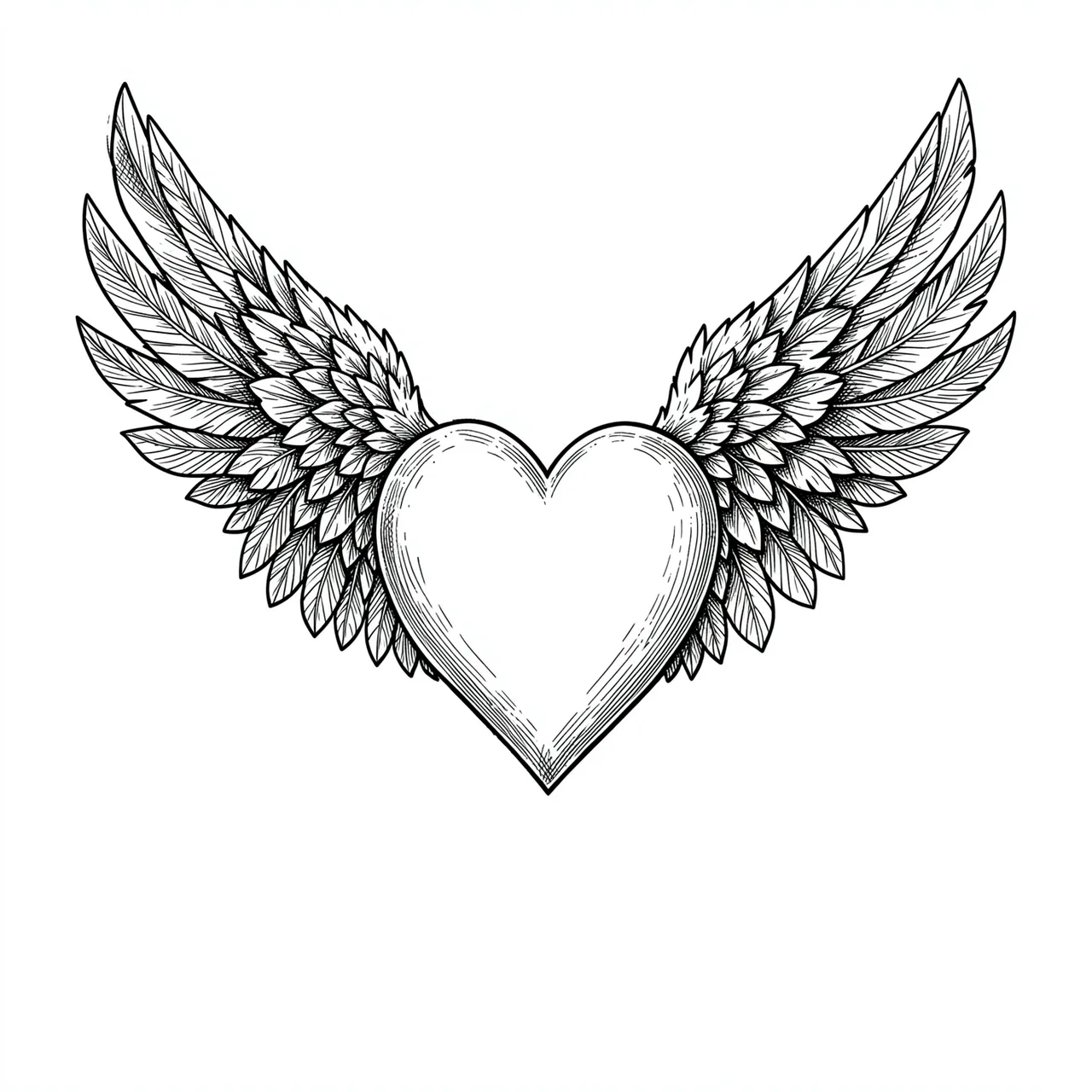 Crisp pen and ink line art of a heart flanked by detailed feathered wings on a plain white background
