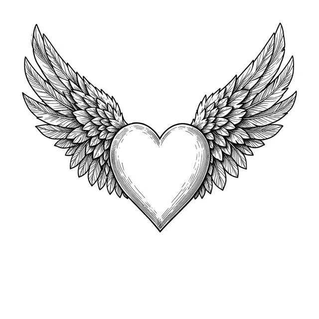 Crisp pen and ink line art of a heart flanked by detailed feathered wings on a plain white background