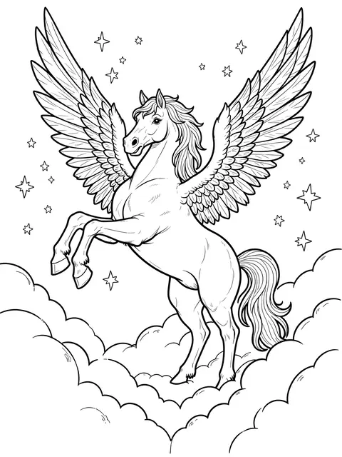 Black and white line art of a rearing winged pegasus standing among clouds and stars
