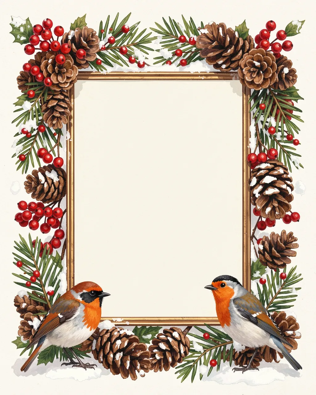 Decorative gouache frame with pine cones, red winter berries, and two robins around a blank cream center