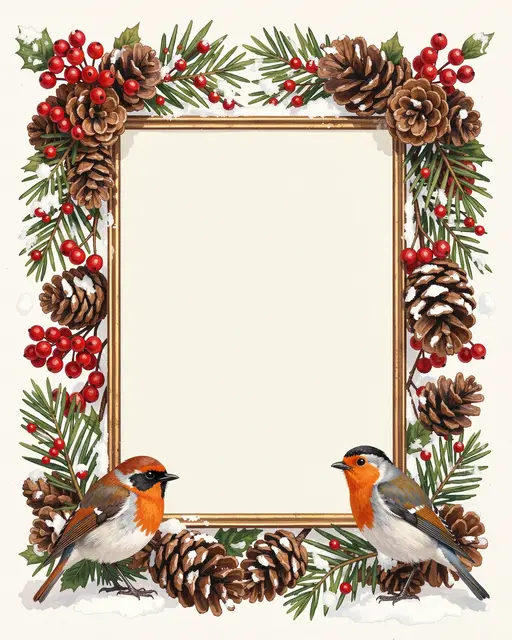 Decorative gouache frame with pine cones, red winter berries, and two robins around a blank cream center
