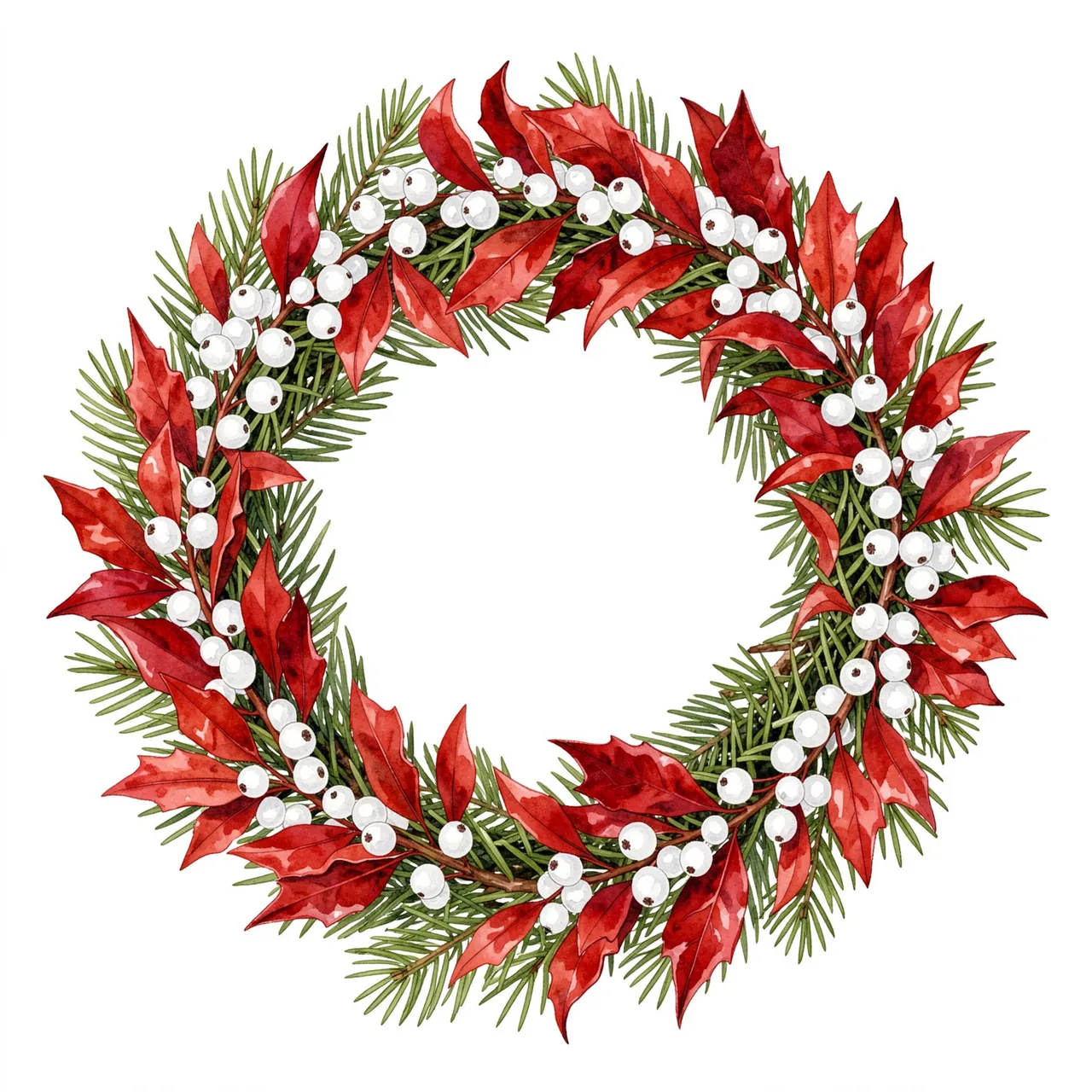 Watercolor winter wreath of red holly leaves, white snowberries and pine sprigs on a plain white background