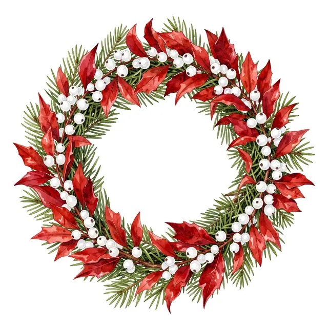 Watercolor winter wreath of red holly leaves, white snowberries and pine sprigs on a plain white background